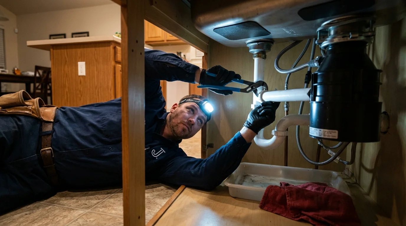 P-trap and supply line connections under a kitchen sink showing a common leak point in Windber, PA